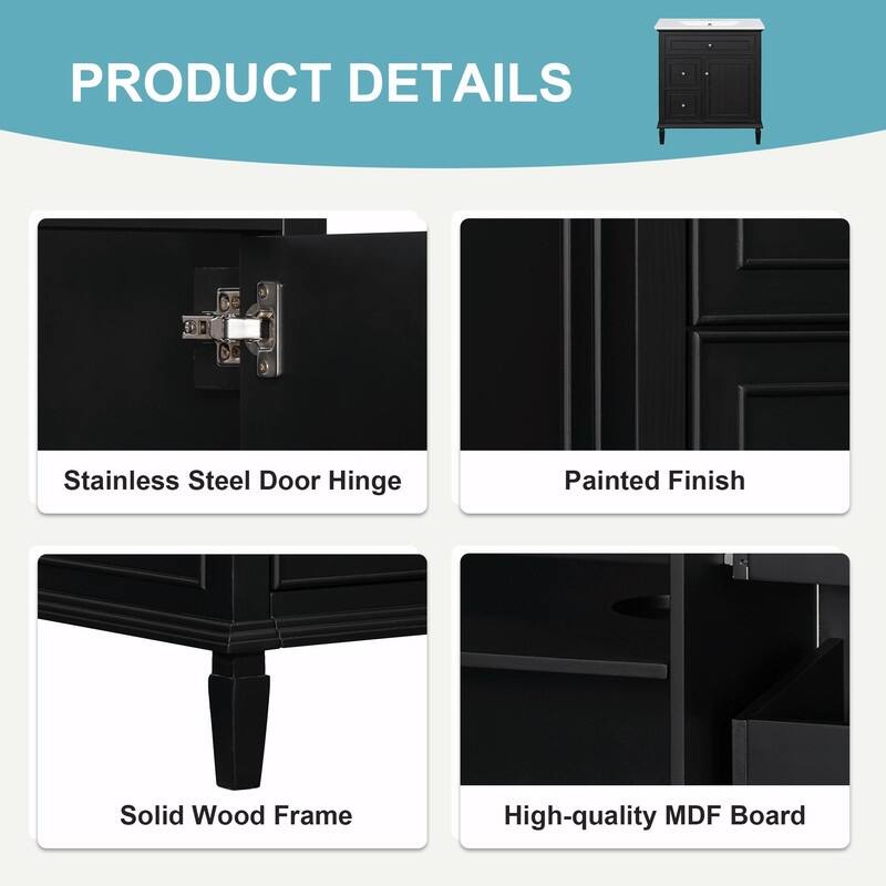 30 Inch Bathroom Vanity with Sink, Modern Vanity Cabinet with One Flip Drawer and Two Storage Drawers