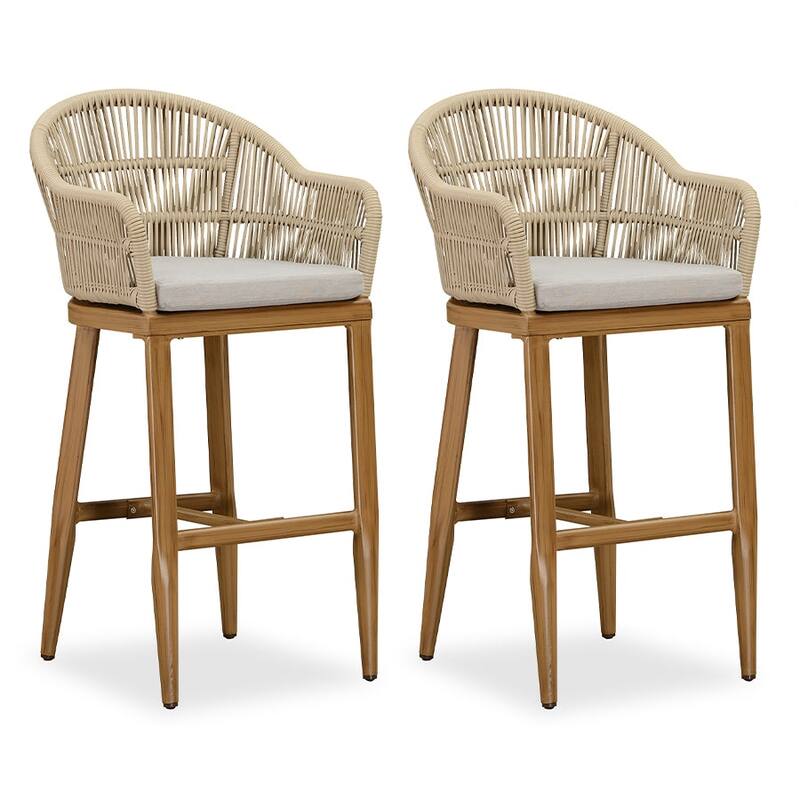 PURPLE LEAF Modern Rattan Bar Stools Set of 2 with Cushion and Back Counter Stools - Teak - Bar Height
