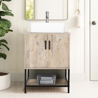 24" Bathroom Vanity Sink Combo Oak Cabinet Vanity Tempered Glass/Ceramic Sink
