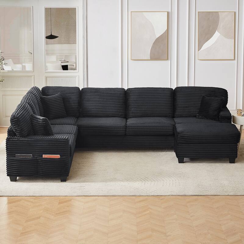 U Shaped Sectional Sofa with 1 Movable Ottoman, Corduroy Upholstered 6 Seater Sofa, Corner Sofa with Storage Pockets