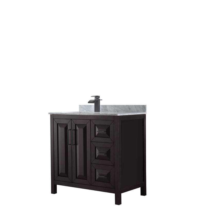 Daria 36-inch Single Vanity, Marble Top, No Mirror - Dark Espresso, Black Trim,White Carrara Marble Top