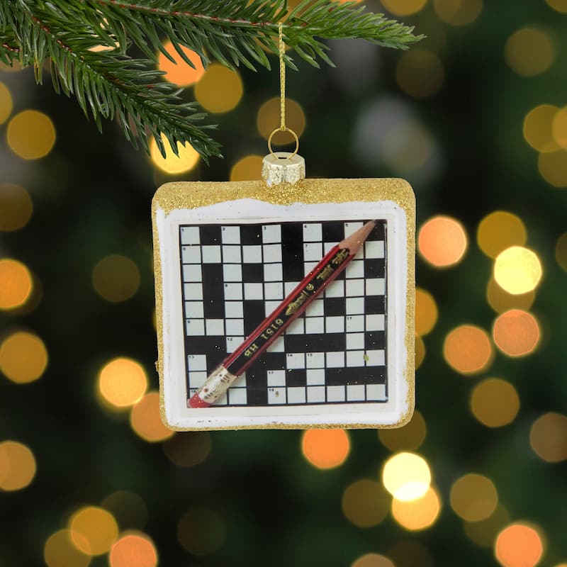 3.5" Crossword Puzzle with Pencil Glass Christmas Ornament