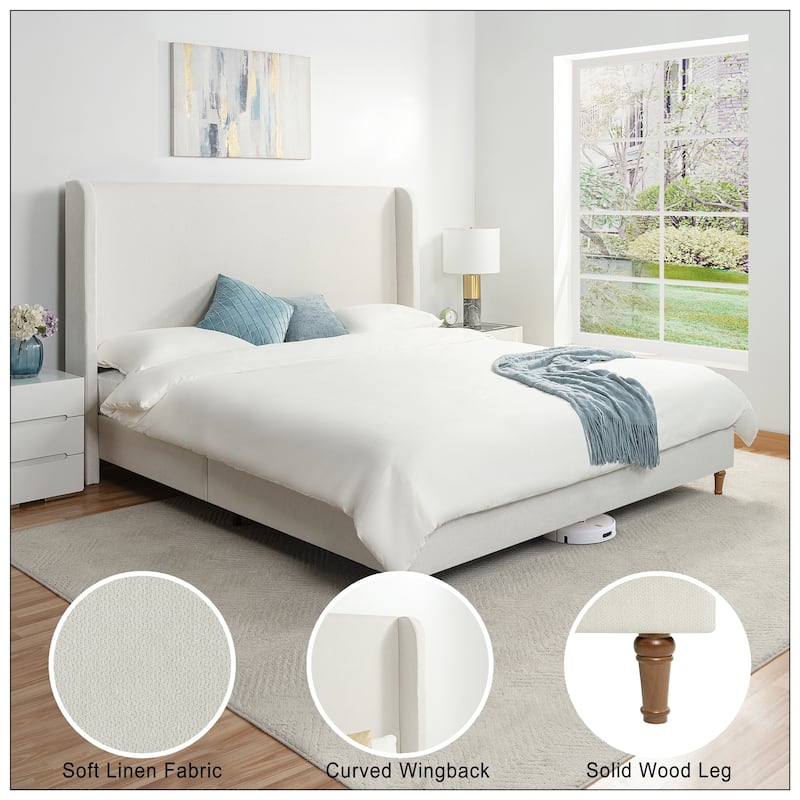 Upholstered Platform Bed with Curve-Shaped Design Headboard