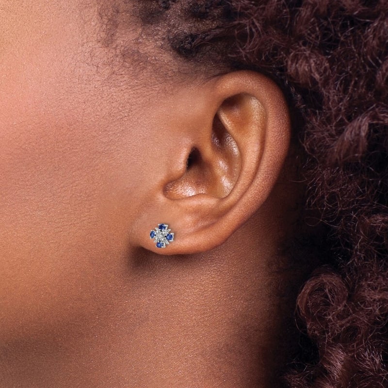 Curata 14k White Gold Blue Sapphire and Diamond Post Earrings - 7x7mm Wide