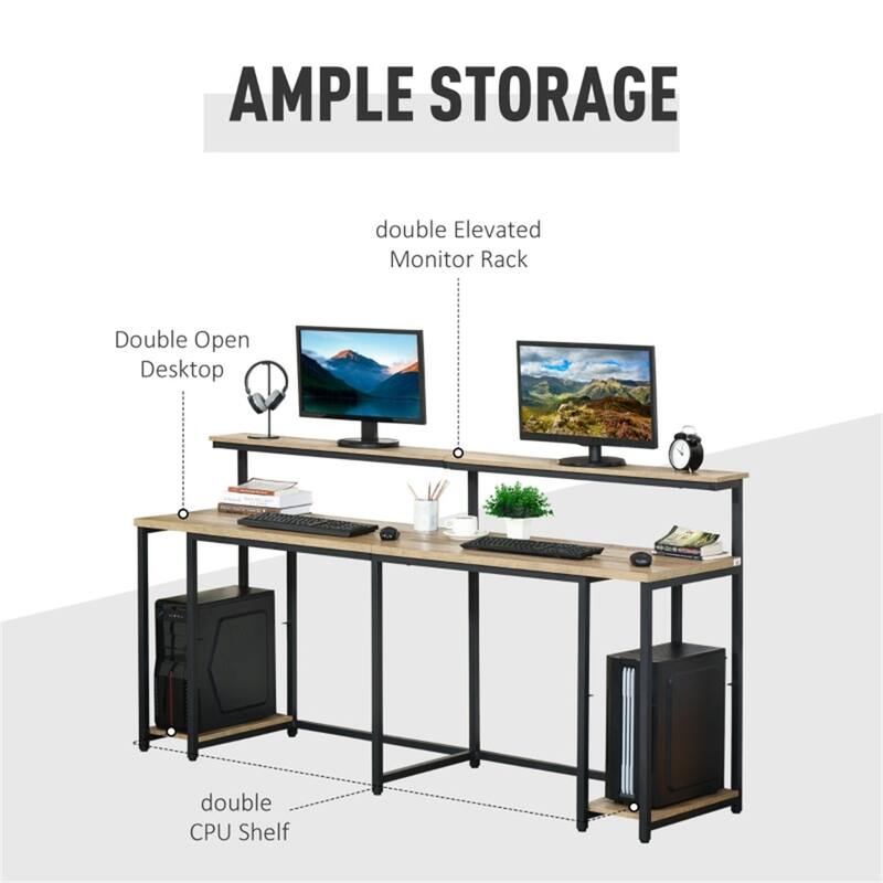 78" Dual Workstation Desk for Two with Elevated Monitor Racks and CPU Shelves Steel Frame