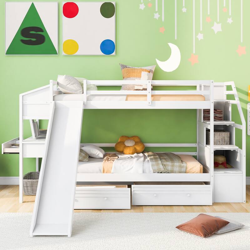 Twin Over Twin Bunk Bed With Storage Staircase, Slide And Drawers, Desk With Drawers And Shelves
