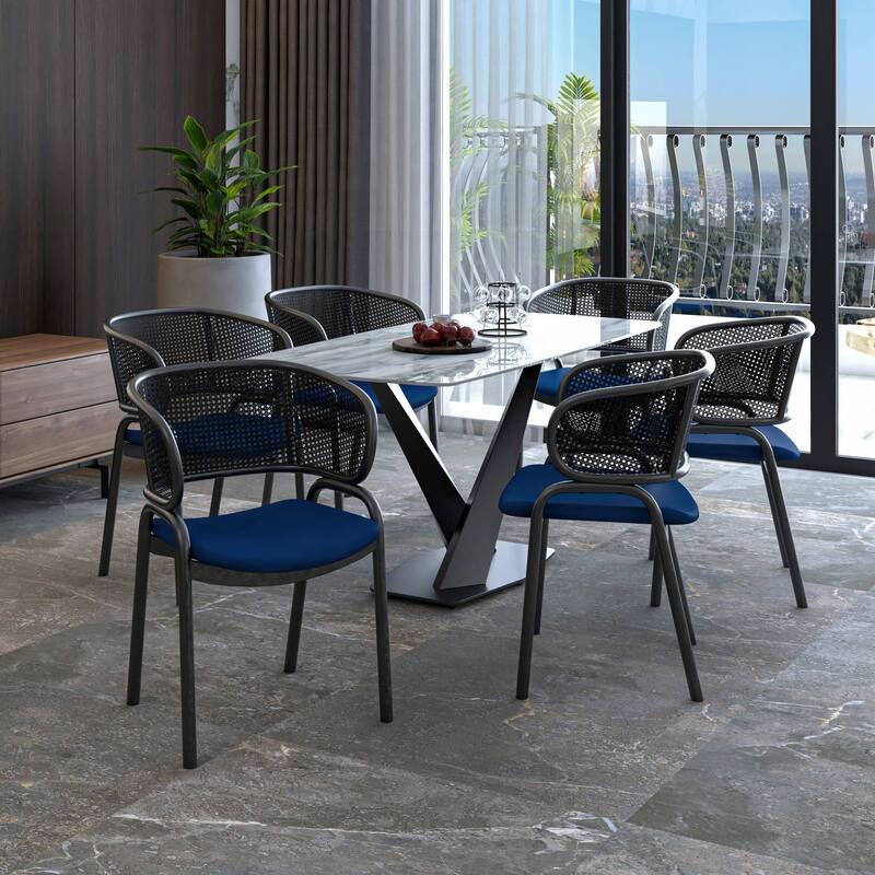 Ervilla Modern Upholstered Accent Side Chair with Wicker Back and Black Iron Legs for Dining Room & Kitchen, Set of 2 - Navy Blue