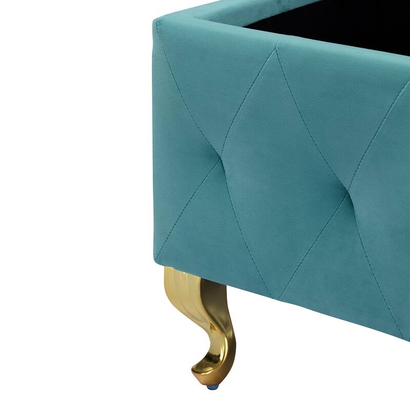Button-tufted Storage Footrest Bench, light blue