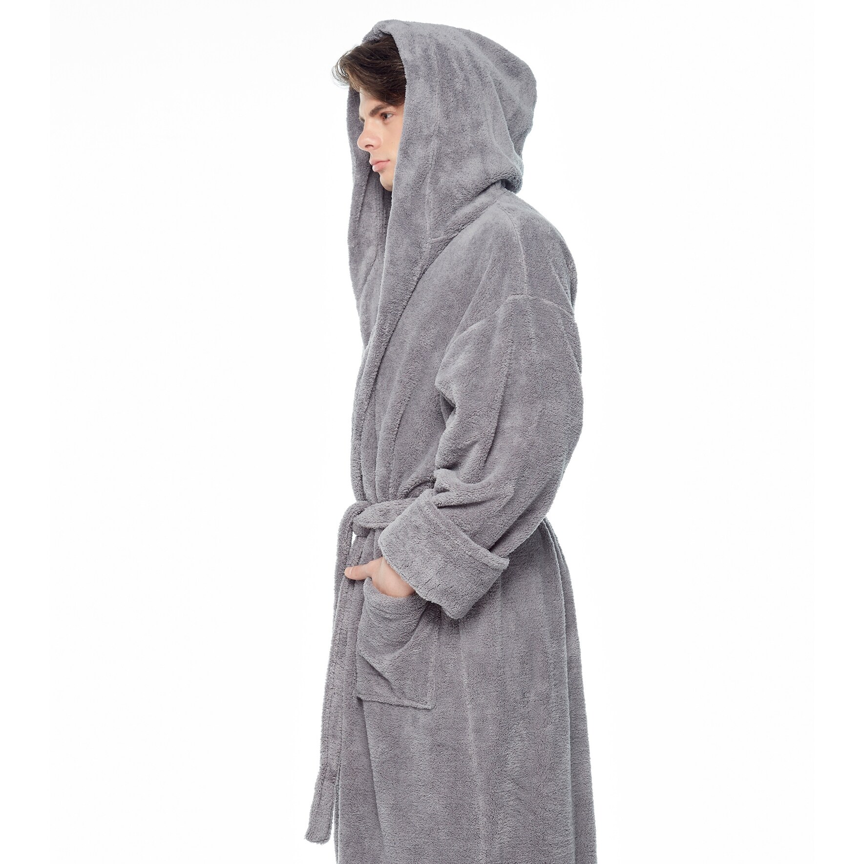 Men s Hooded Soft Plush Fleece Bathrobe Full Length Robe On Sale