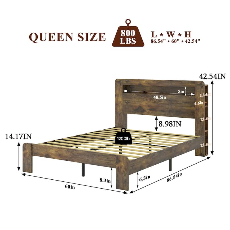 Queen Size Wood Platform Bed Frame with Storage, LED Headboard, USB Ports, and Easy Assembly