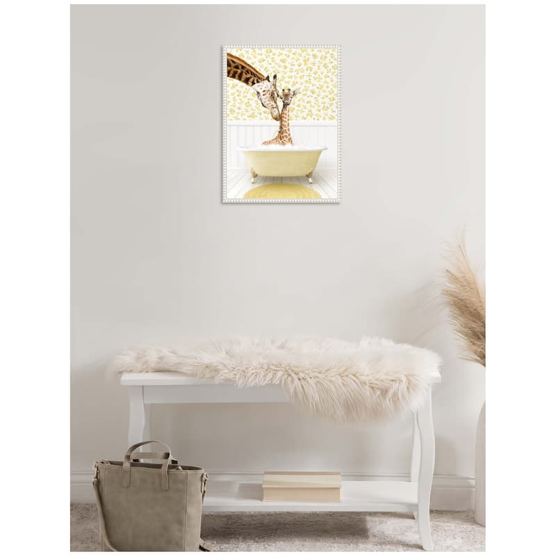 Kate and Laurel Sylvie Mother and Baby Giraffe in Cottage Yellow Bathtub Framed Canvas by Amy Peterson