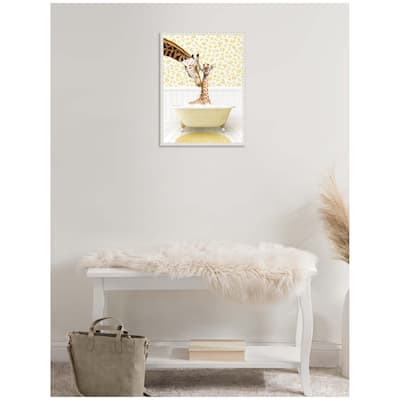 Kate and Laurel Sylvie Mother and Baby Giraffe in Cottage Yellow Bathtub Framed Canvas by Amy Peterson