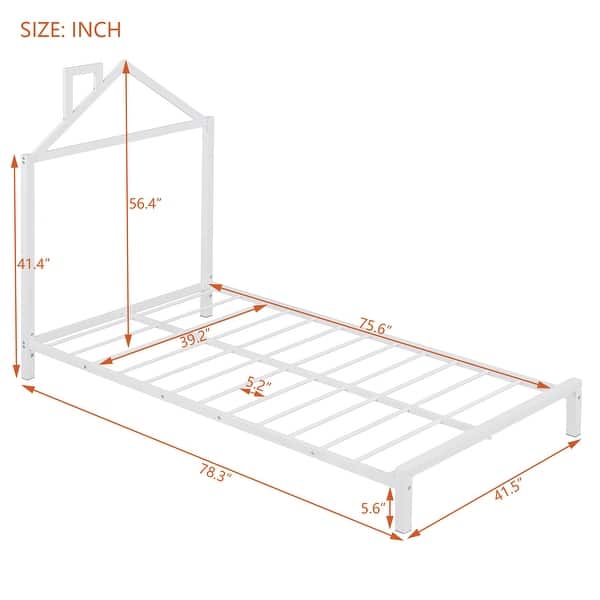 Twin Metal Platform Bed with House-Shaped Headboard & Chimney Design, Low Bed Frame W/Support Slats, No Box Spring Needed, White