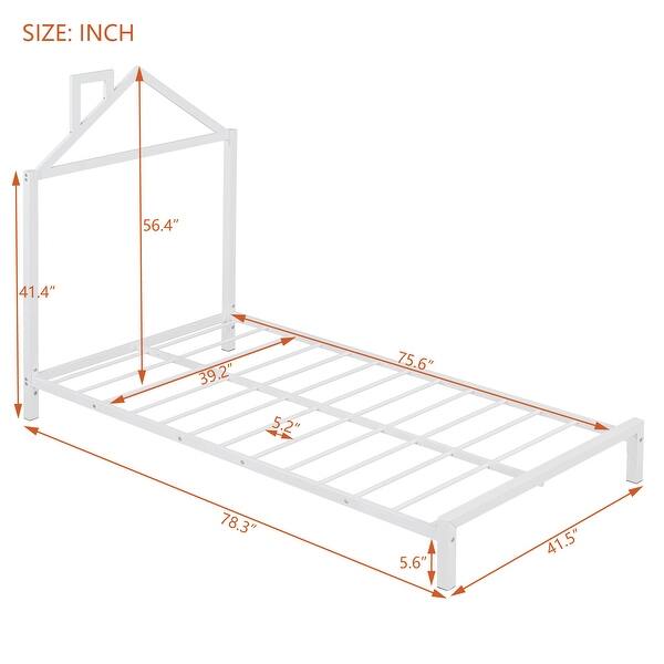 White Twin Size Metal Platform Bed with House-Shaped Headboard for Kids