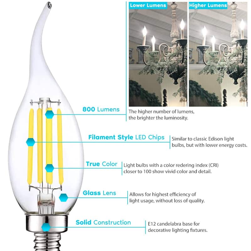 Luxrite Candelabra LED Light Bulbs 100W Equivalent 800 Lumens 7W CA11 Dimmable Damp Rated UL Listed E12 6 Pack