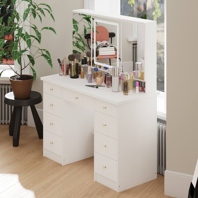 9-Drawer Vanity Set with Crystal Pulls and Versatile Mirror Lighting