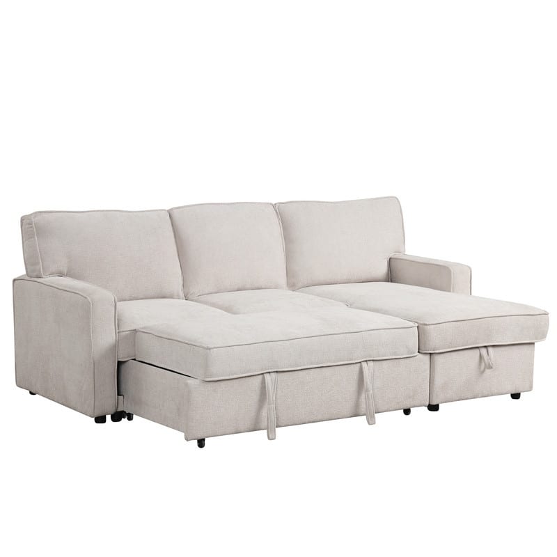 Upholstery Sleeper Sectional Sofa with Storage and 2 Cup Holder, Modern Corner Sectional with Pull-Out Sleeper and USB port