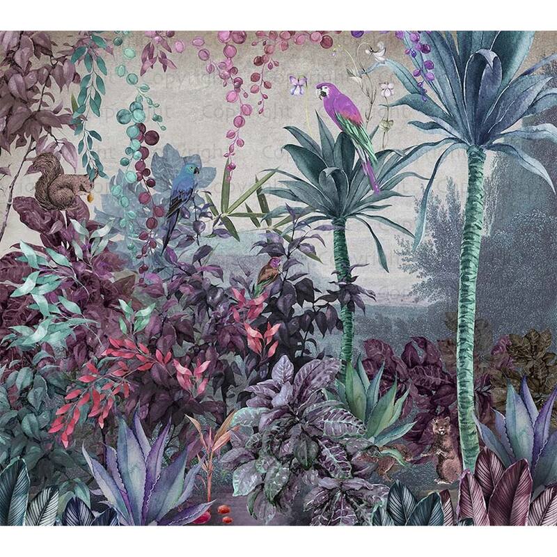 Enchanted Jungle Wallpaper Mural Tropical Birds and Foliage - Purple - W:131" x H:118"