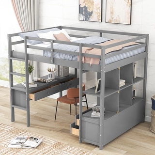 Full Size Loft Bed with Built-in Desk, Two Drawers & Storage Shelves, Solid Wood Slats Support, Ideal for Kids' Furniture
