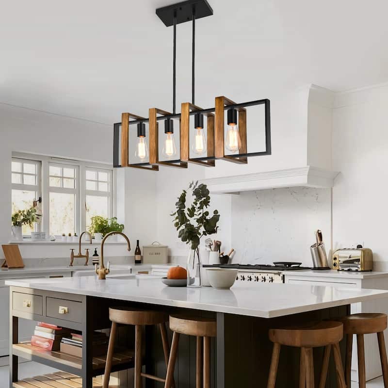 Starsky 4-Light Industrial Linear Kitchen Island Light Lantern Farmhouse Chandelier - Brown