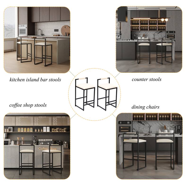 Faux Leather Upholstered Bar Stool Set of 2, Counter Height Bar Stools with Back, Kitchen Stool Island with Footstool