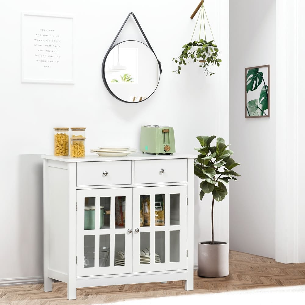 HOMCOM Sideboard Buffet Cabinet, Storage Serving Cabinet with Glass Doors, and Drawers for Kitchen - 31.5"x14"x30"