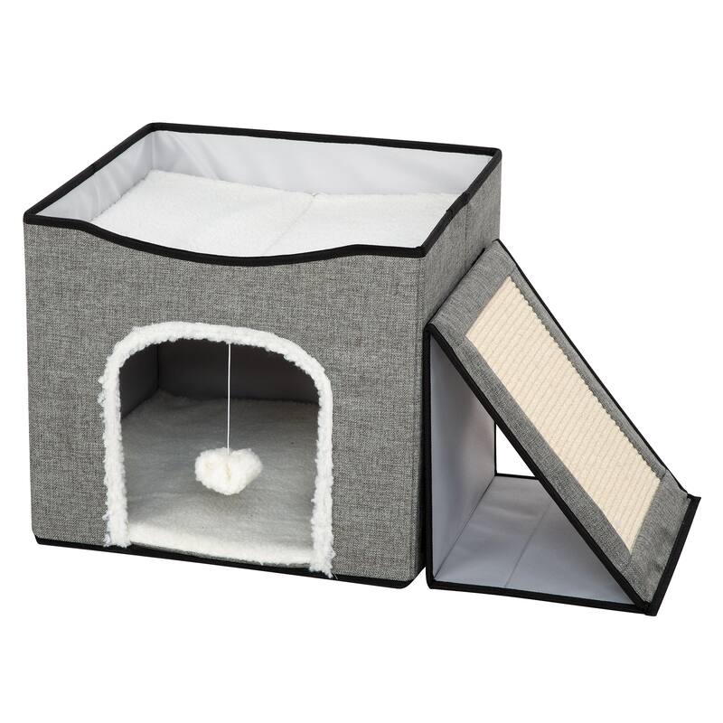 Foldaway Cat Condo & Play Center W/ Interactive Hanging Ball for Kittens up to 7lbs - Grey
