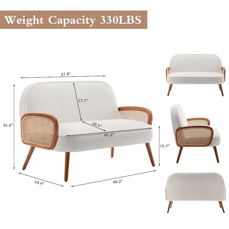 41" W Small Loveseat with Natural Rattan Arms,Upholstered Modern Mini Sofa Couch Love Seat Settee Bench with Back