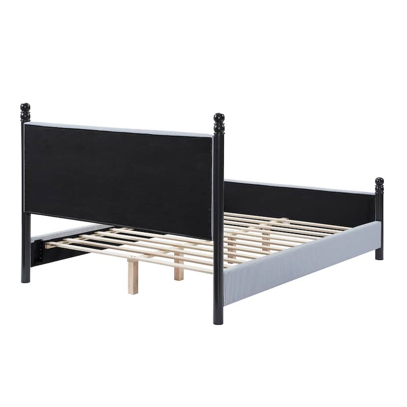 Christopher Knight Home - Modern Striped Upholstered Wood Bed Frame with High Padded Headboard & Soundproofed