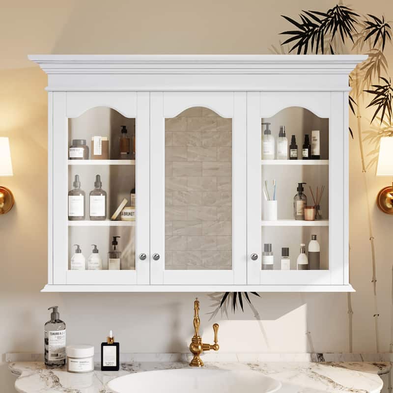 Wall Mounted Bathroom Storage Cabinet, Medicine Cabinet with Mirror, Bathroom Cabinet with Glass Doors & Adjustable Shelves,
