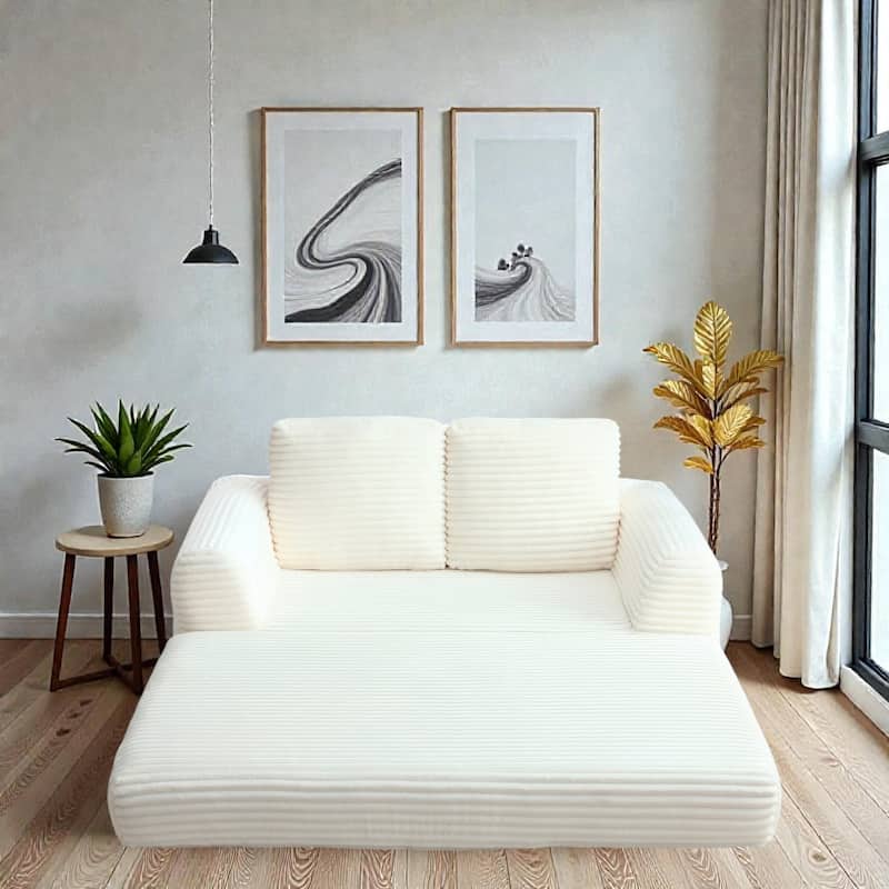 2 in 1 Folding Sofa Bed Loveseat, Corduroy Convertible Sleeper Couch with Pillows, Boneless Floor Futon