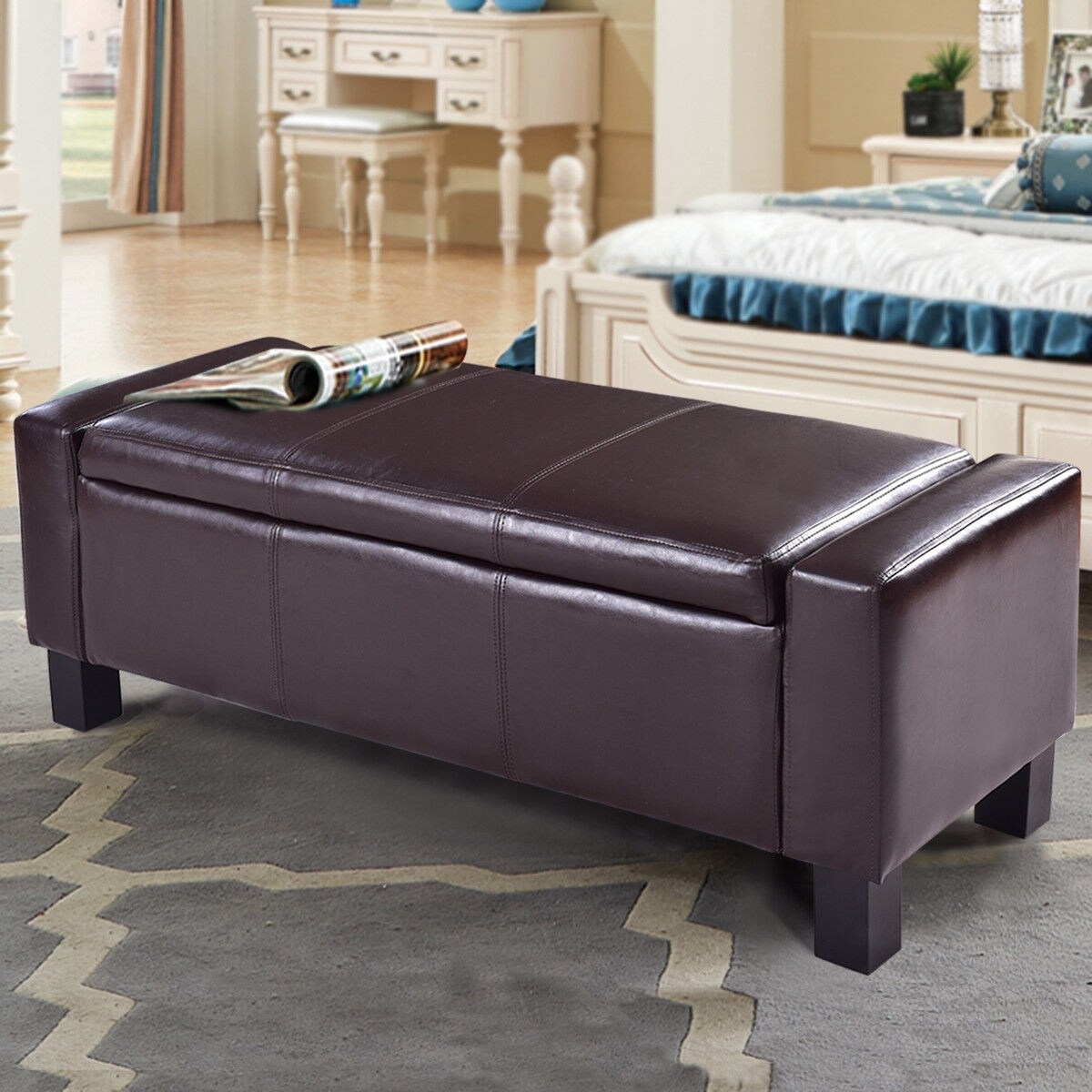 Costway 42 Large Pu Leather Ottoman Bench Storage Chest Footstool Organizer Chair Furniture Brown