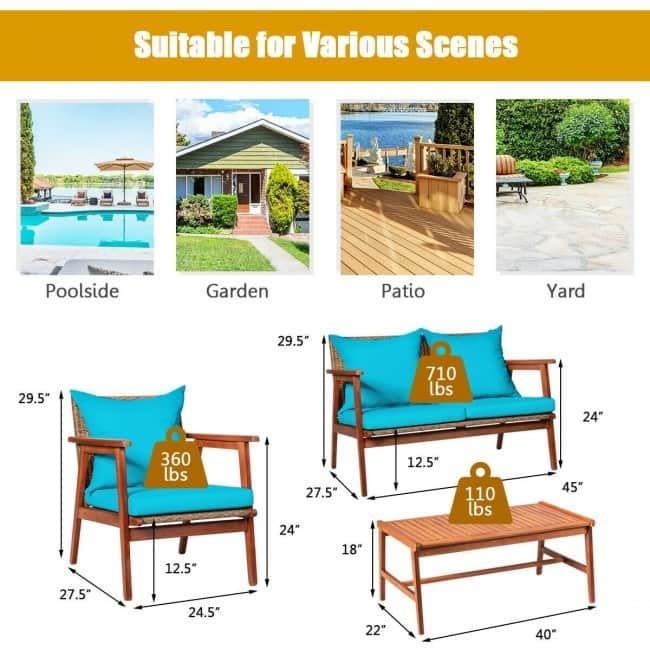 4 Piece Acacia Wood Patio Rattan Furniture Set with Cushions - 45" x 27.5"x 29.5" (L x W x H)