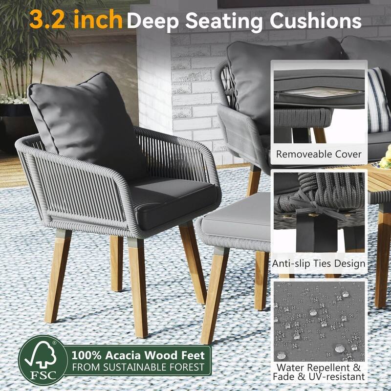 6-Piece Rope Patio Furniture Set with Acacia Wood Cool Bar Table