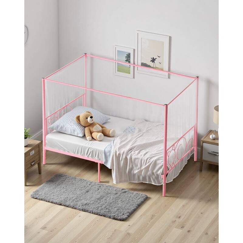 Pink Twin Canopy Bed Frame Metal Sturdy Four-Post Design with Under-Bed Storage Space