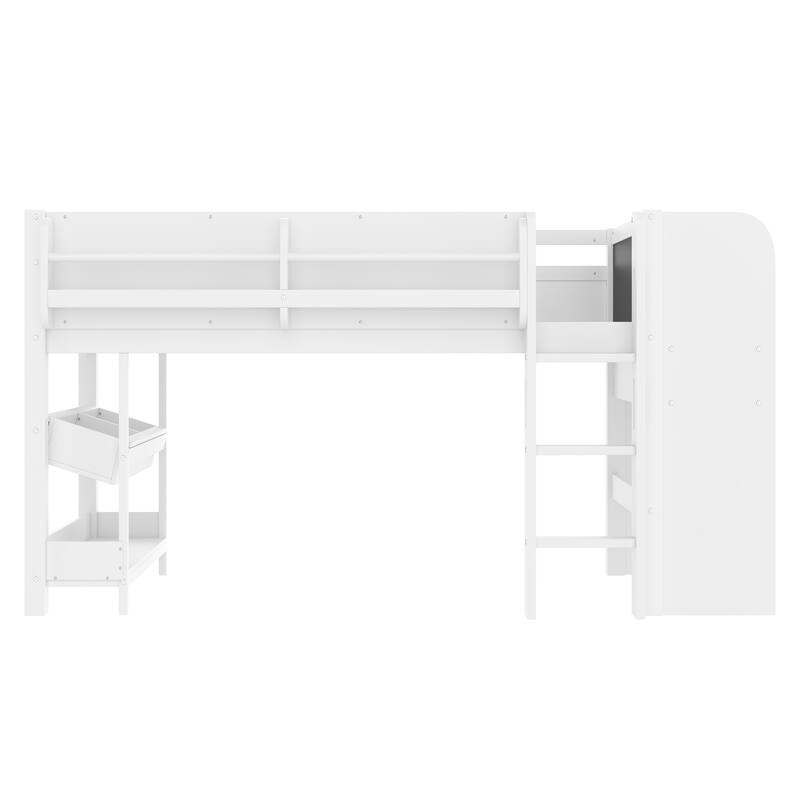 Full/Twin Size Loft Bed with Built-in Desk, Multi-Storage Bookcases & Blackboard, Solid Wood Low Loft Bed Frame
