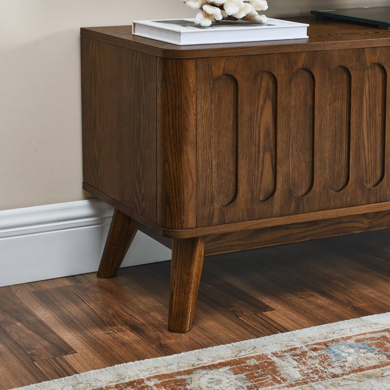 59" Mid-Century Fluted TV Stand for 65" TVs, Modern Wood Entertainment Center with Storage, 2 Doors & 1 Drawer