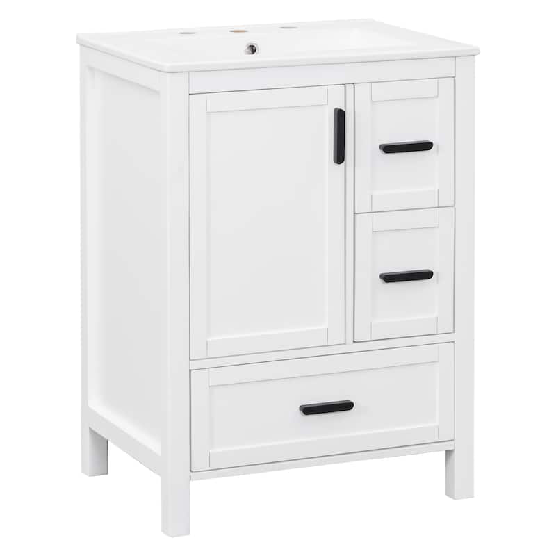Solid Wood Frame Bathroom Vanity Cabinet with Ceramic Sink, Space-Saving 24-Inch Vanity