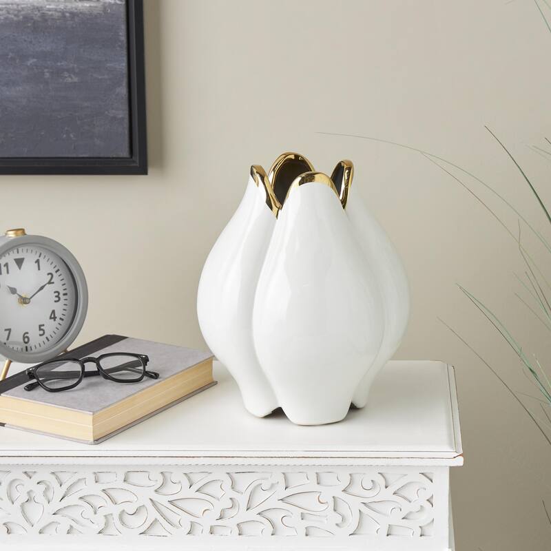 Ceramic Dimensional Tulip Shaped Decorative Vase with Metallic Gold Rim - White - Roche River Decor