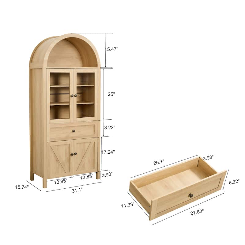 71" Tall Arched Kitchen Pantry Cabinet, Wood Kitchens Storage Cabinets with Drawers and Open Shelves, Modern Versatile Cupboard