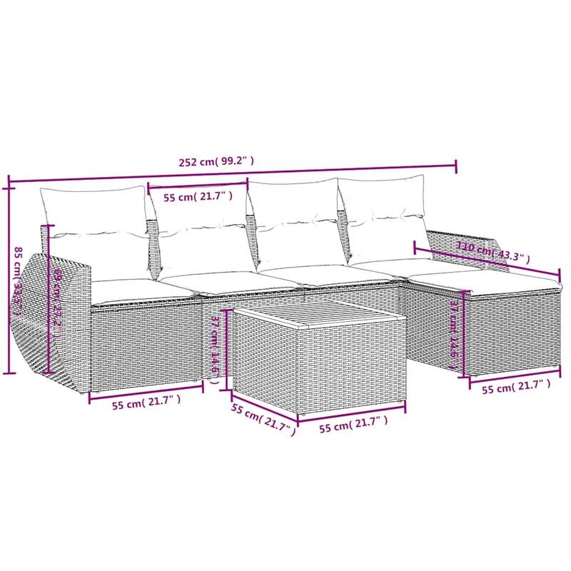 vidaXL 6 Piece Patio Sofa Set with Cushions Gray Poly Rattan - 99.2x33.5x65.0