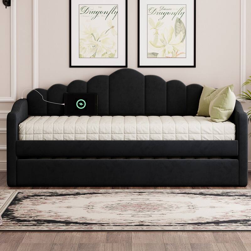 Twin size Velvet Upholstered Daybed with Trundle , USB Charging Ports
