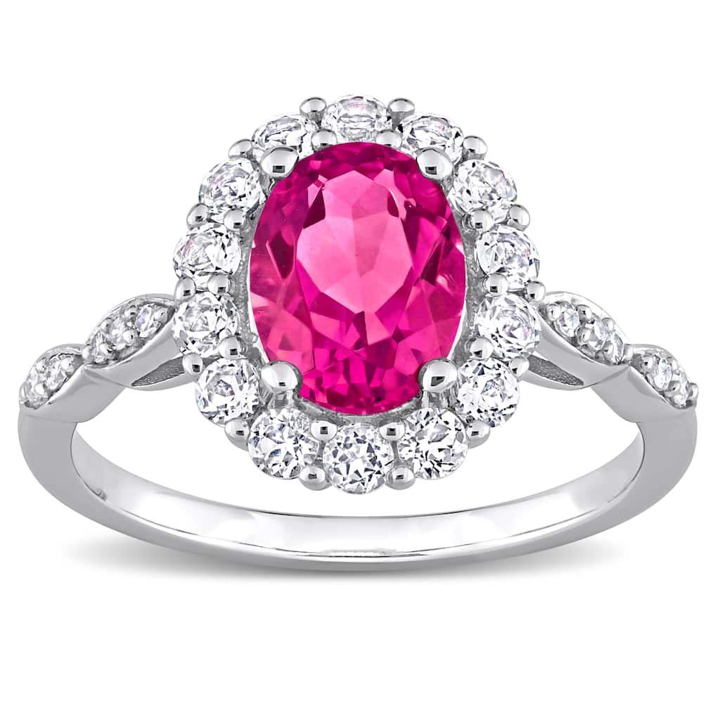 Miadora Oval-cut Pink and White Topaz with Diamond Accent Halo Cocktail Ring in 10k White Gold