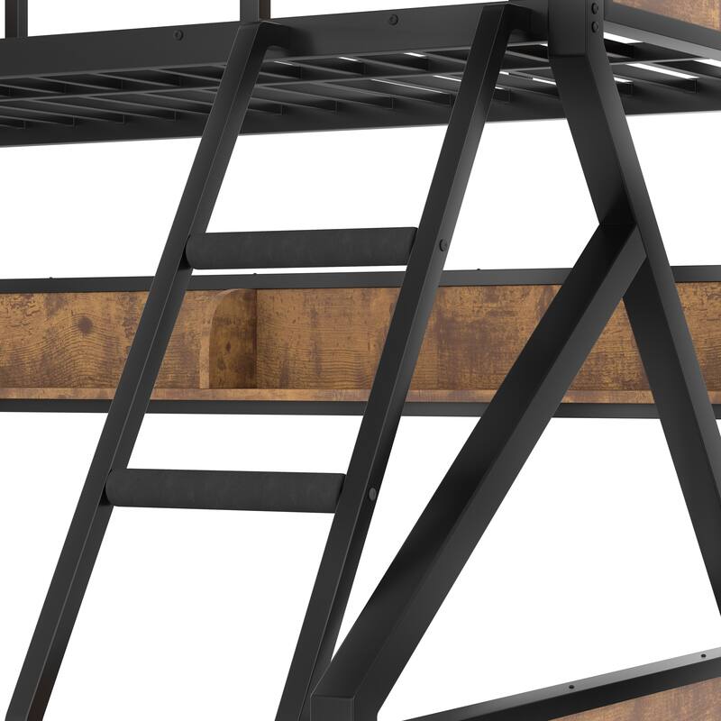 Woodgrain Accents Black Metal Bunk Bed Frame with Built-in Storage Shelves and LED Light Strip for Guest Rooms, Dorms