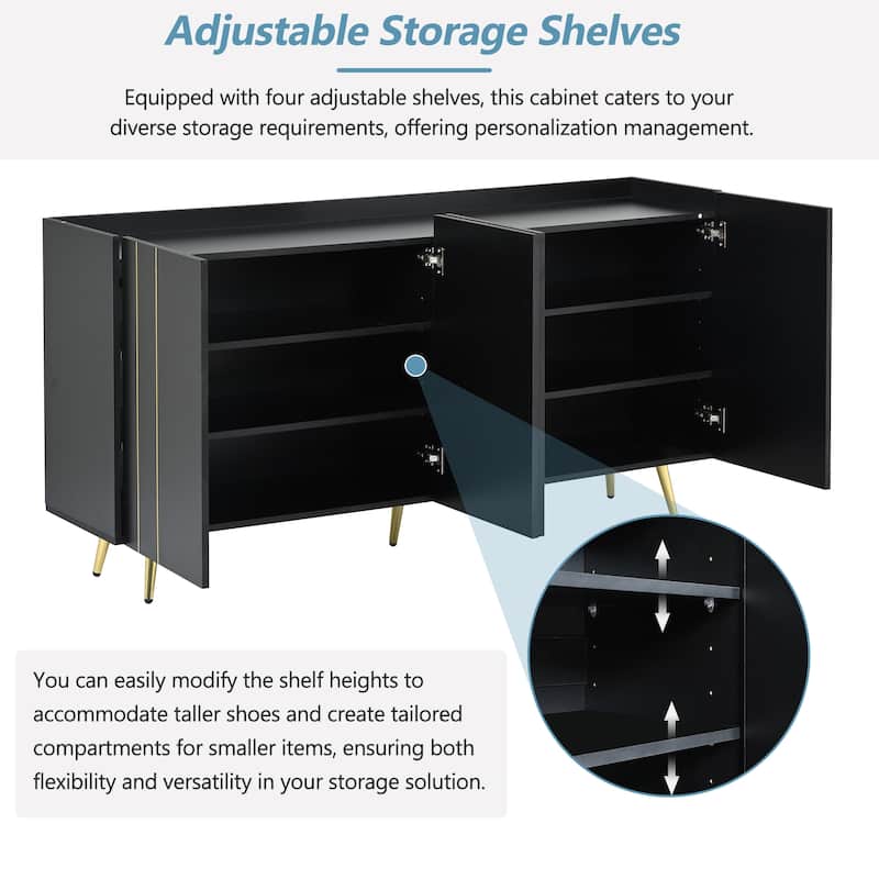 62.9" TV Stand Cabinet with 5 Metal Legs, 4 Adjustable Shelves and Gold Lines Doors for TVs Up to 70"