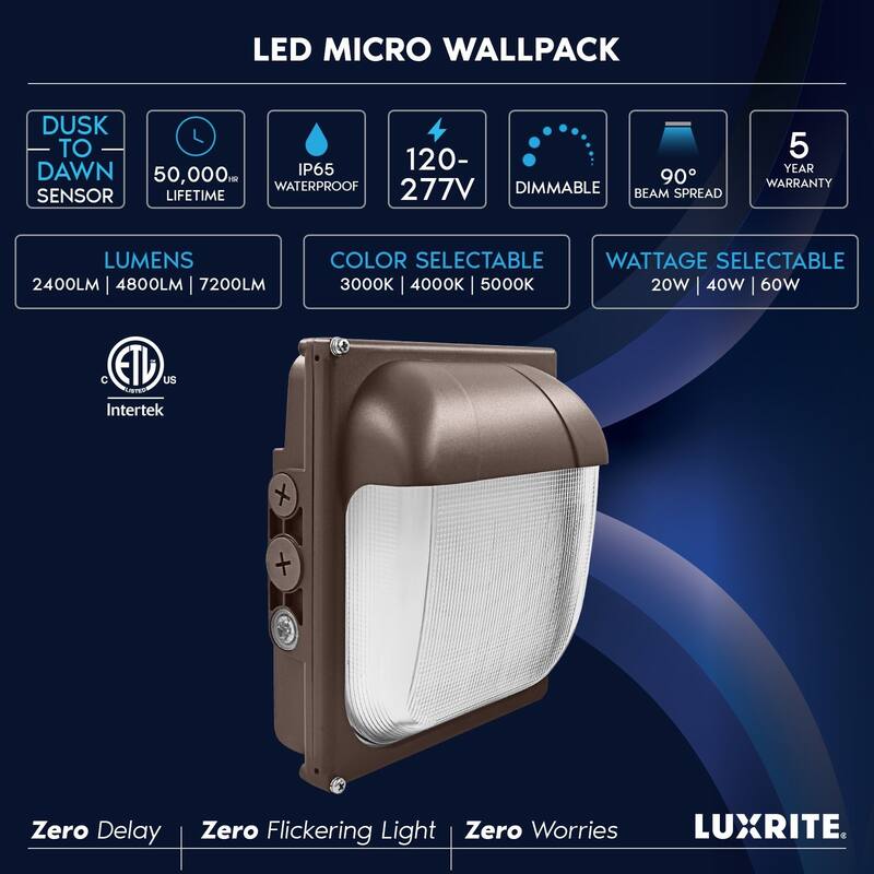 Luxrite 20/40/60W LED Wall Light Photocell 3CCT Up to 7200LM Dusk to Dawn IP65 120-277V Dimmable