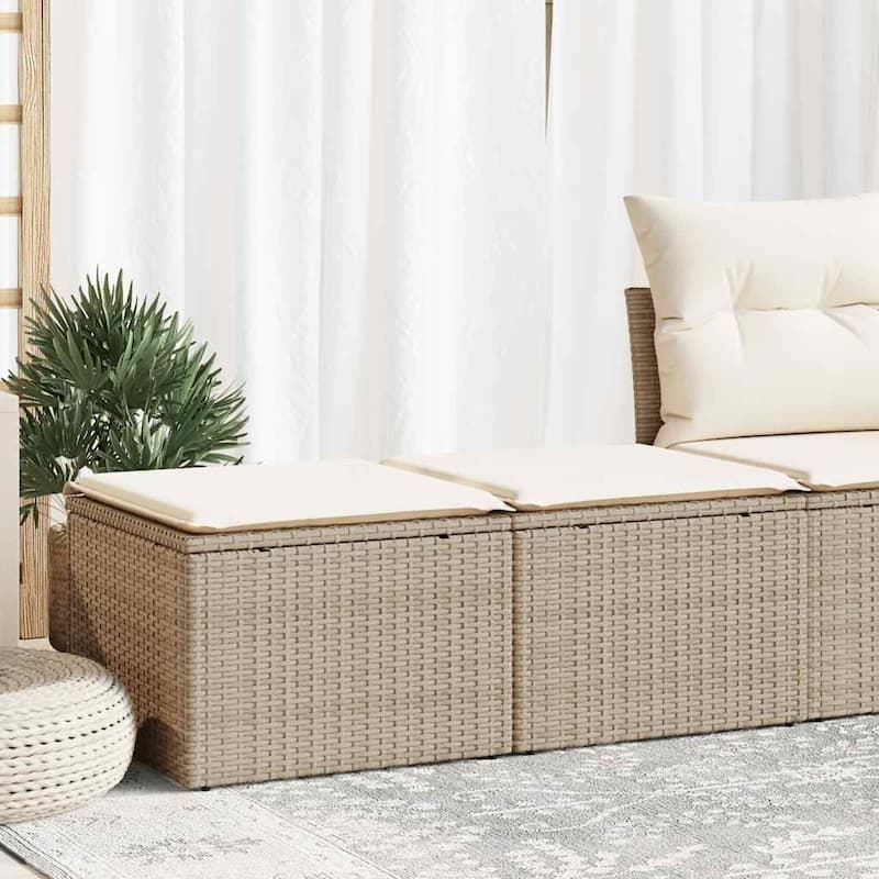 vidaXL Patio Sofa Set with Cushions Garden Stools 2 Piece Poly Rattan Acacia - Beige and cream