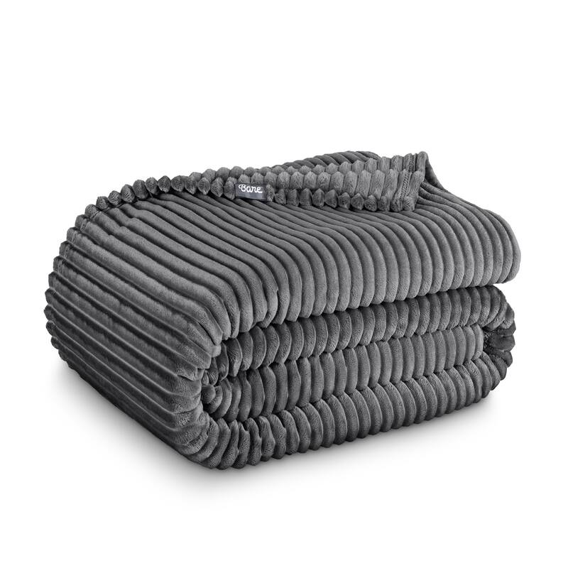 Bare Home Microplush Fleece Blanket - Ultra-Soft - Cozy Fuzzy Warm - Full - Queen - Ribbed Grey