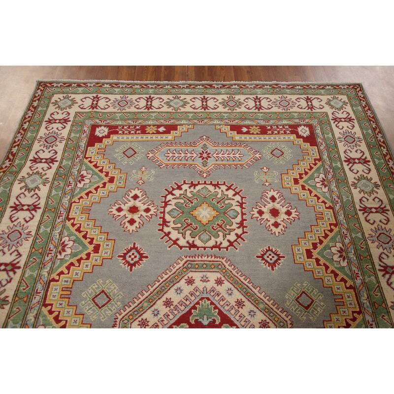 Gray Geometric Kazak Area Rug Handmade Wool Carpet - 6'6" x 9'9"