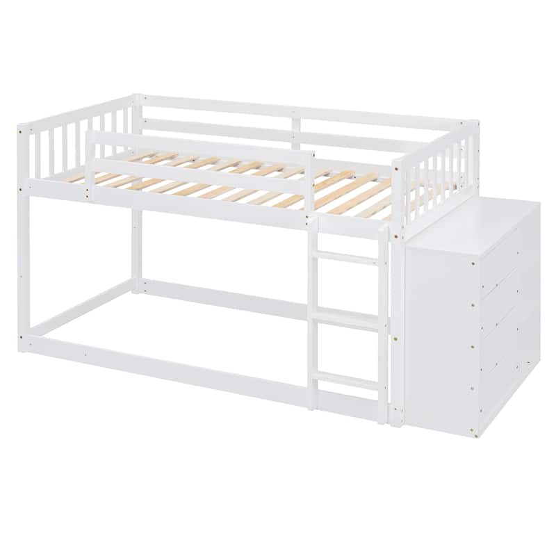 Wood Floor Bunk Beds with 4 Drawers and 3 Shelves, Convertible Side Cabinets and Ladders, Solid Wood Bunkbed Frame for Bedroom